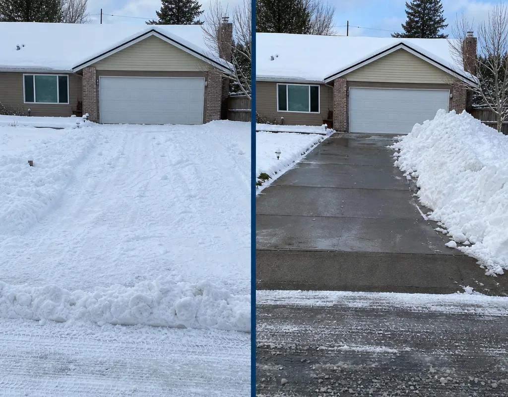 Before-and-after comparison of a packed Spokane driveway and the cleared driving lane with snow stacked to one side