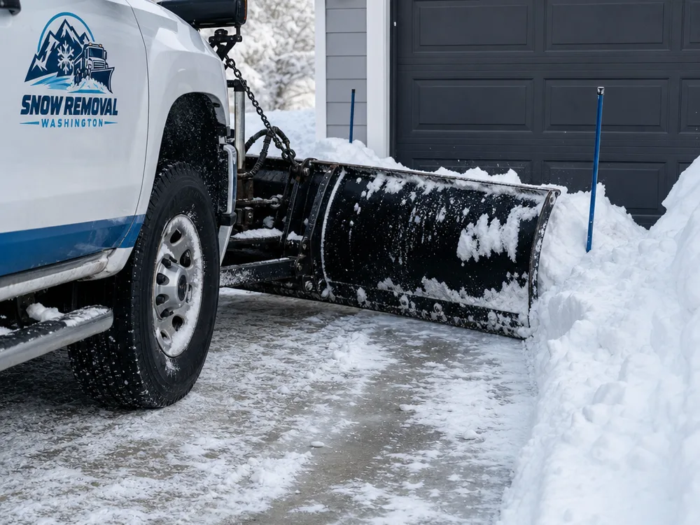 Plow truck back-dragging snow from a garage door and leaving a clean edge with snow stacked beside the driveway