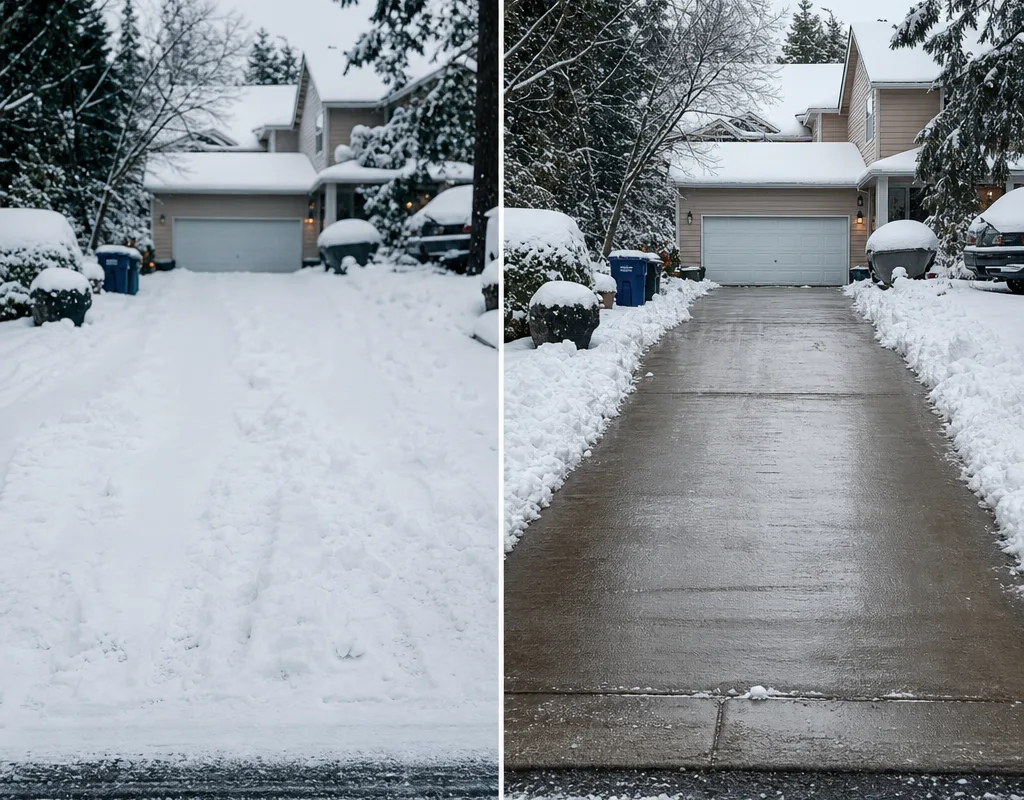 Before-and-after view of a snow-covered Seattle residential driveway and the cleared lane with pushed-back edges
