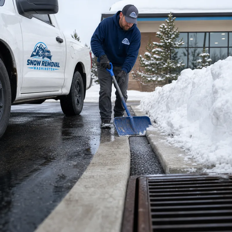 Cleanly plowed lot edge with snow stacked away from a storm drain and walkway