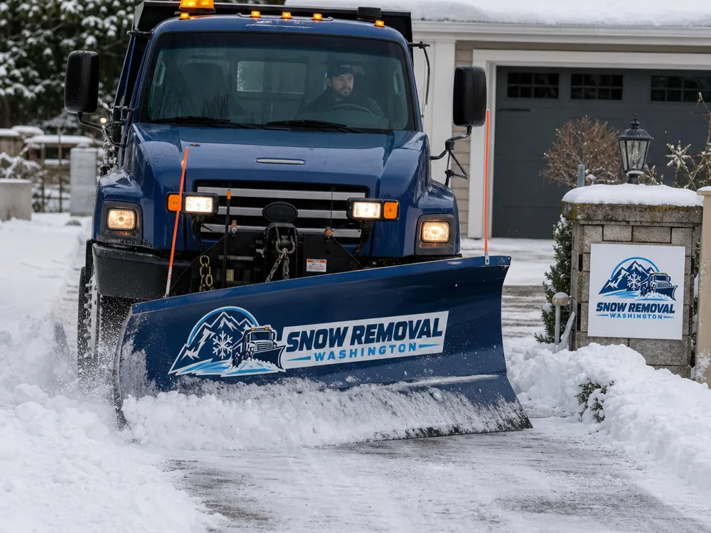 Plow blade clearing a Seattle residential driveway entrance with clean edges and a safe vehicle lane to the street