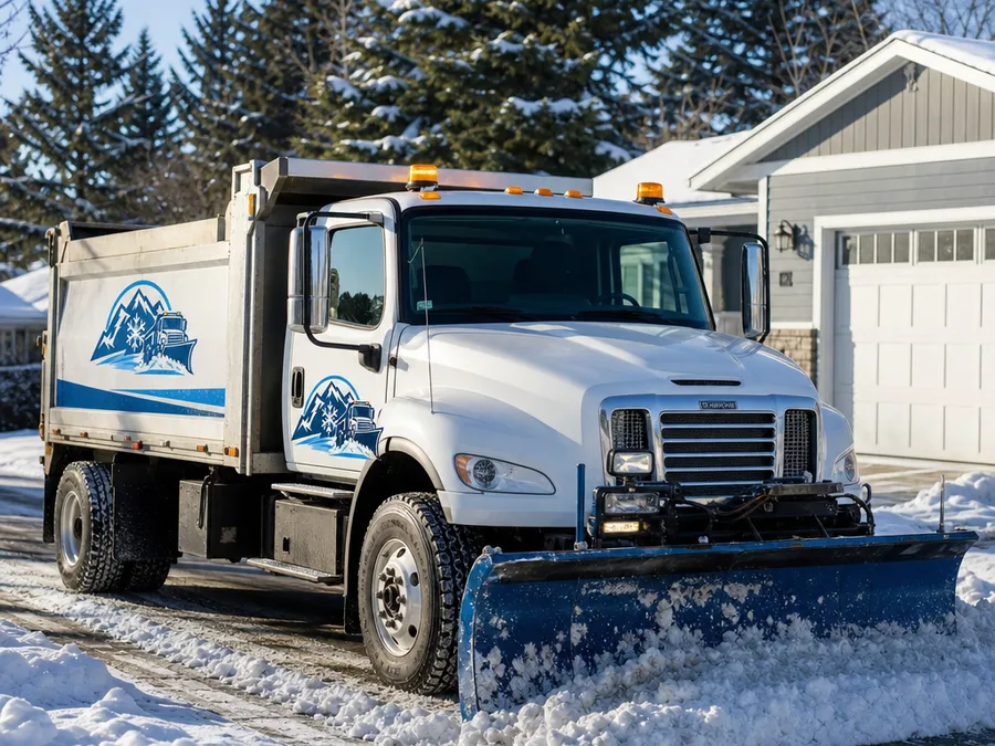 Plow truck clearing a residential street approach where municipal plows leave compacted snow at the driveway apron