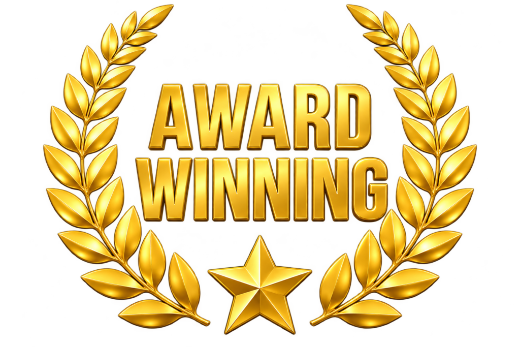 A gold laurel wreath, like a flawless snow-cleared path, frames a gold star at the bottom center. In the middle, bold gold text reads AWARD WINNING, all set against a crisp white background—just like a freshly plowed driveway. - Snow Removal Washington