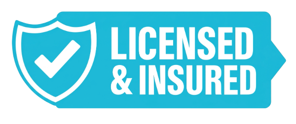 A blue badge displays a white check mark inside a sturdy shield icon beside the words LICENSED INSURED in bold white capital letters, highlighting professional snow removal credentials. - Snow Removal Washington